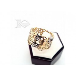 Złoty pierścionek szeroki ażurowy kwiaty cyrkonia